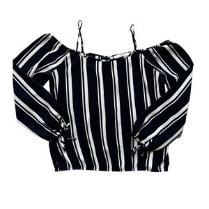 Point Zero Black White Striped Off Shoulder Crop Top Medium | Puff Sleeve Blouse